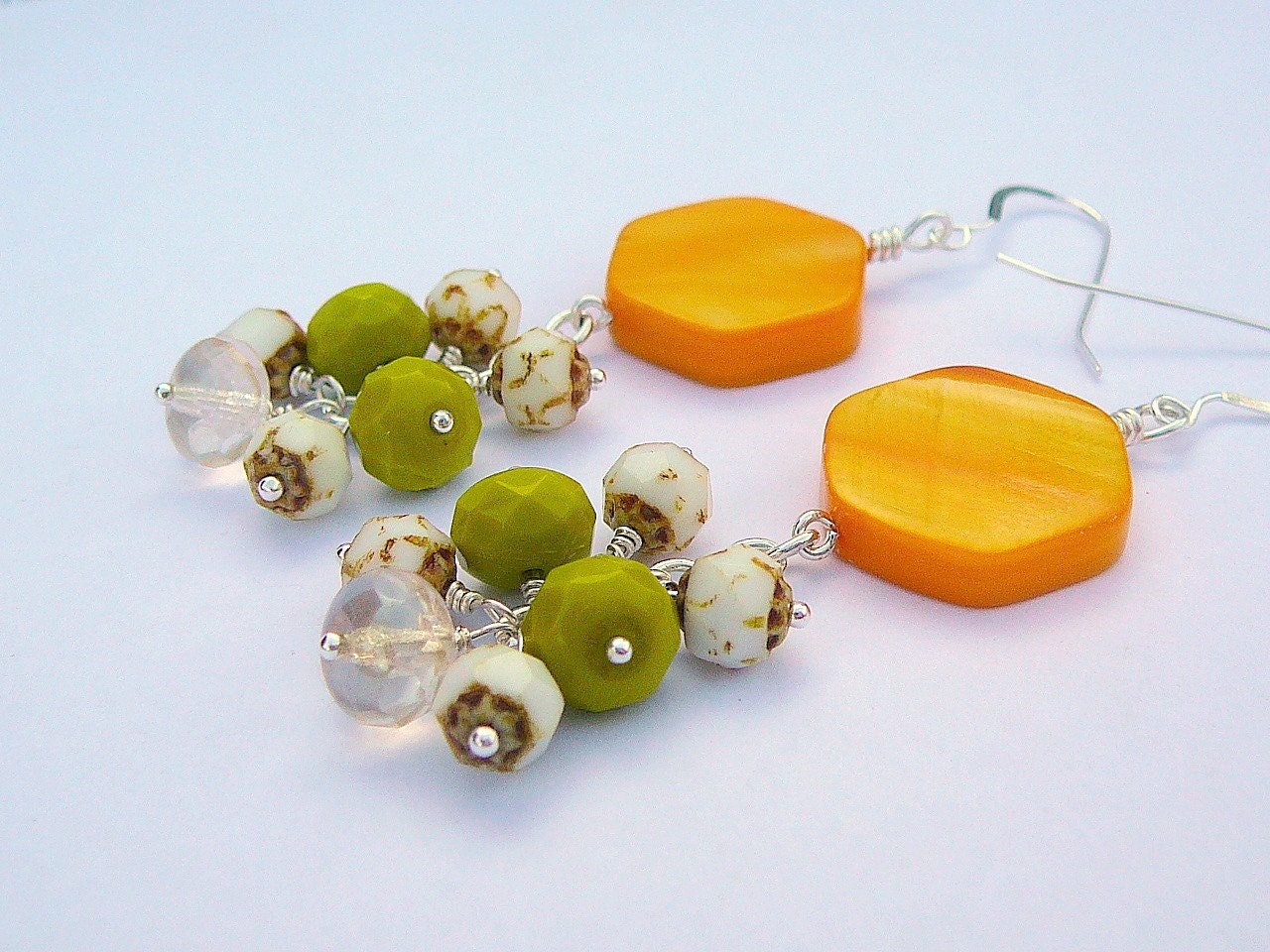 Yellow Mother Of Pearl Earrings With An Added Cluster Of Czech Glass - BeadsMe