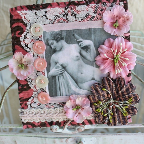 Vintage Nude Mixed Media Mini Quilt Wall Art DRINK WITH ME