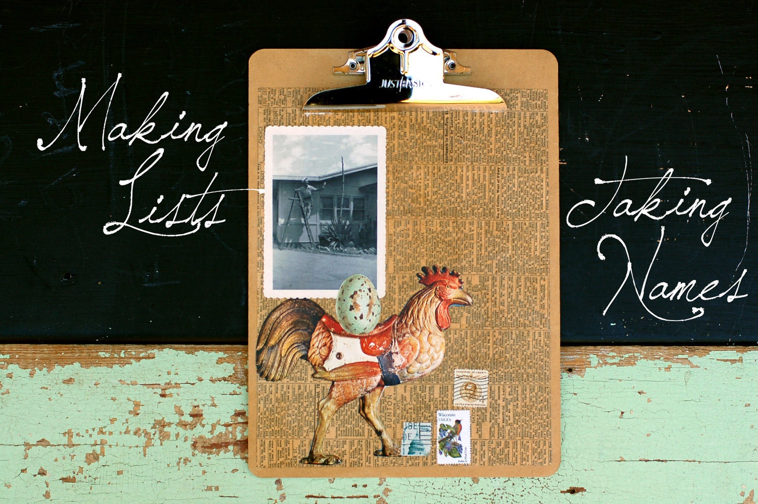 Original Collaged clipboard with rooster, old stamps, green egg, and vintage photos