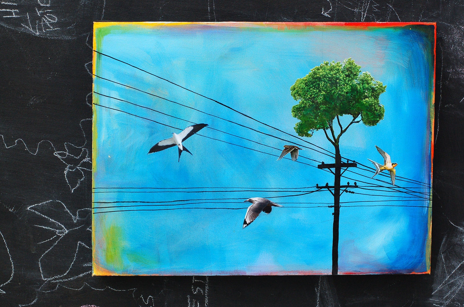 Telephone Pole Tree with Birds and wires - Home away from Home - ORIGINAL painting