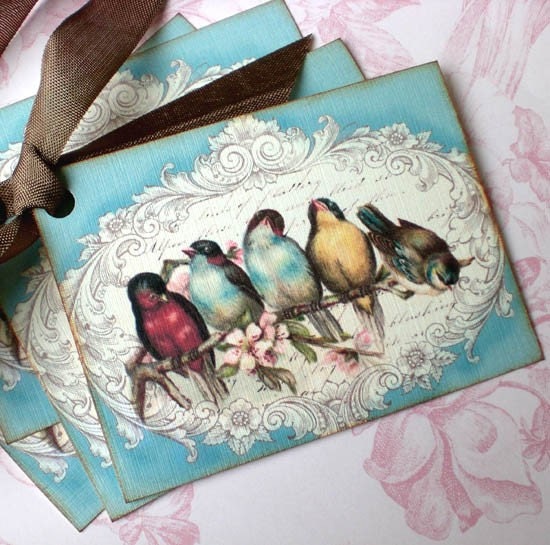 Bird Tags - Vintage Bird Tags - French Birds - Songbirds of Provence Tags - Set of 4