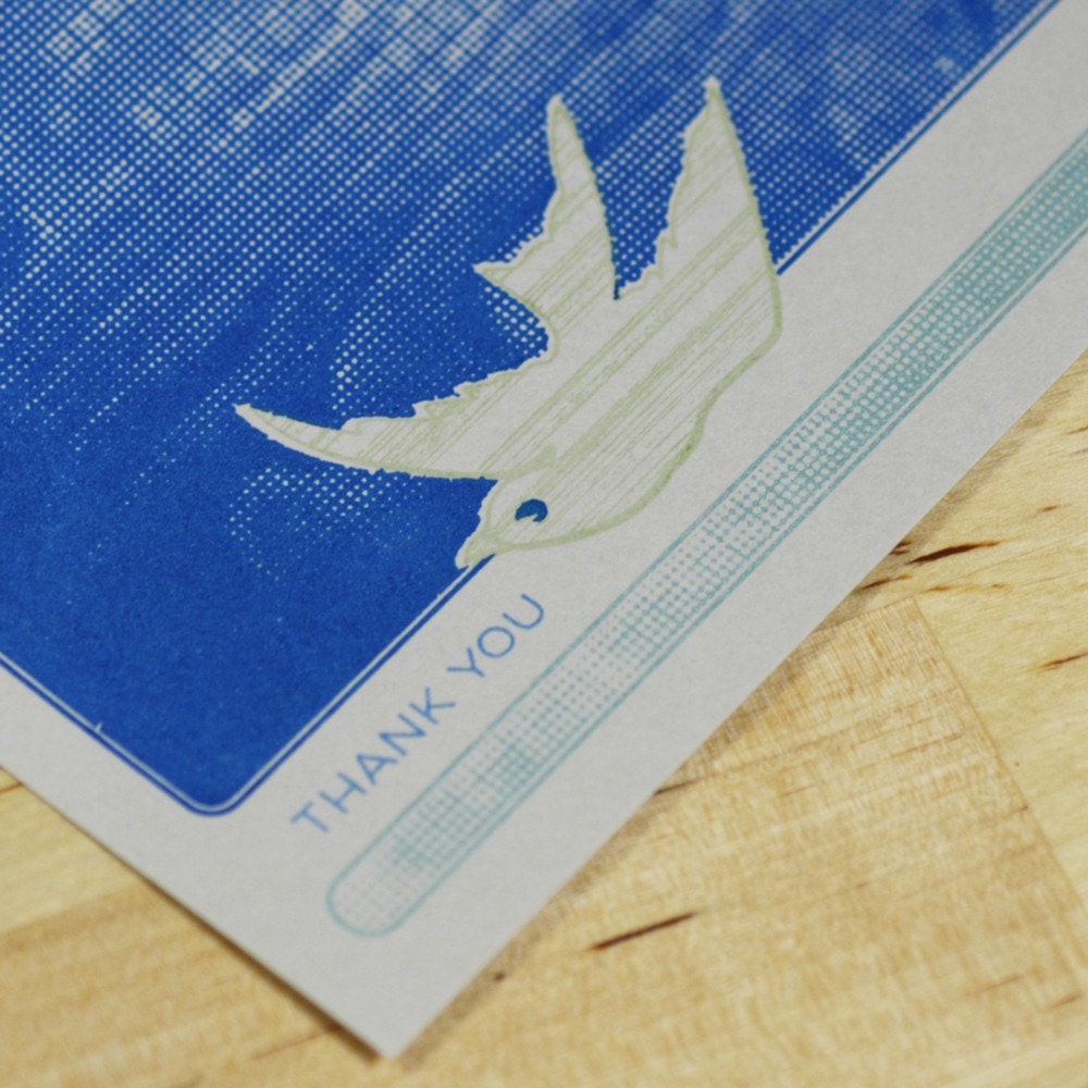 Thank You Card - hand-prtined bird on faux bois