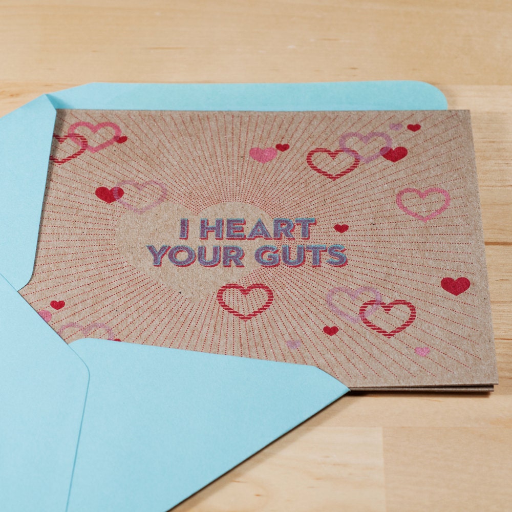 Valentine card -- I Heart Your Guts -- Hand-printined on chipboard