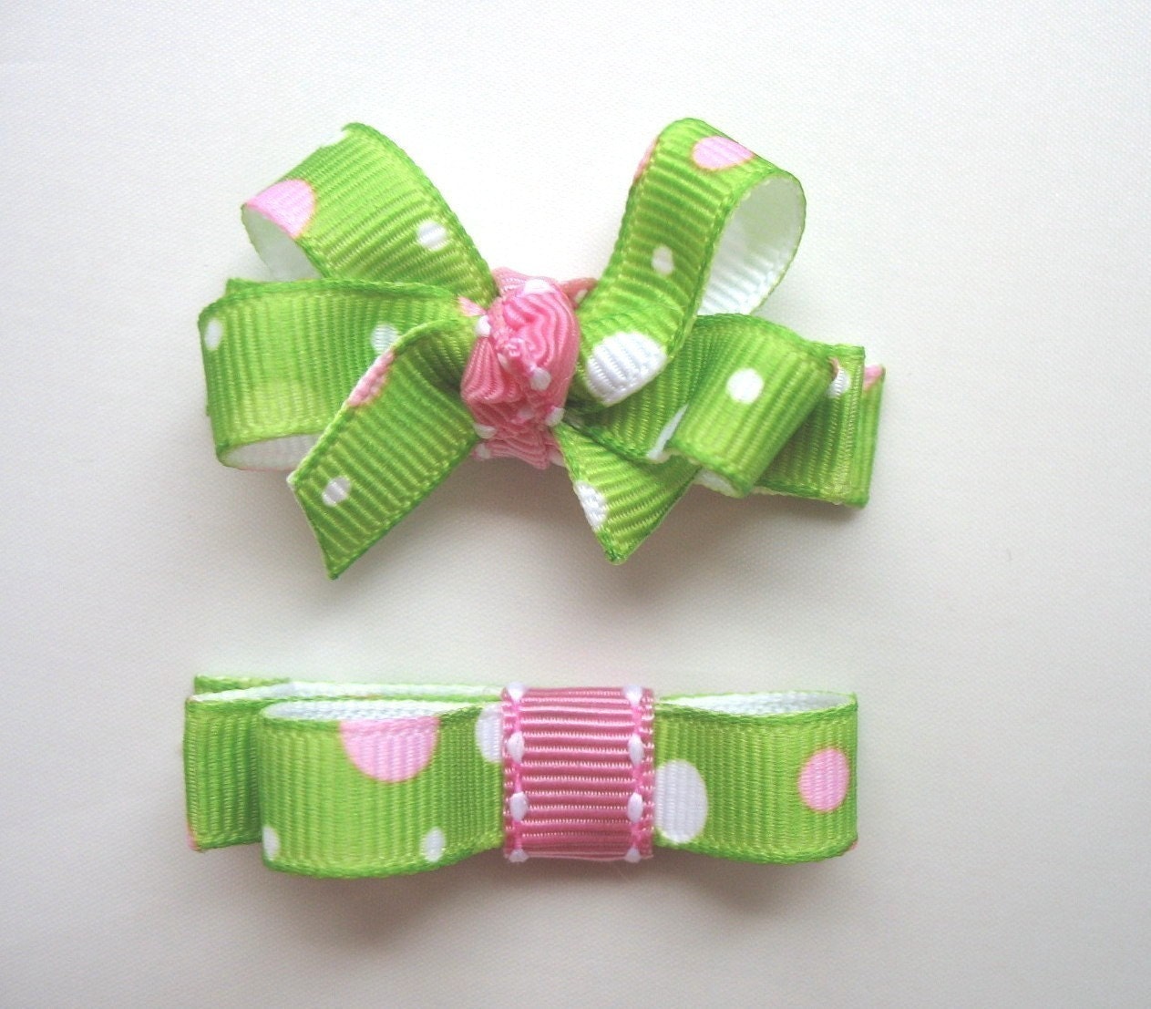 LiliBug Spring Green and Pink Dot Bow and Clippie Set - LiliBugBoutique