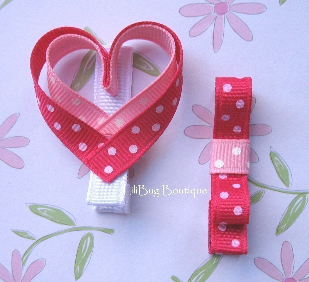LiliBug Pink Polka Dot Heart Hair Clippie Set