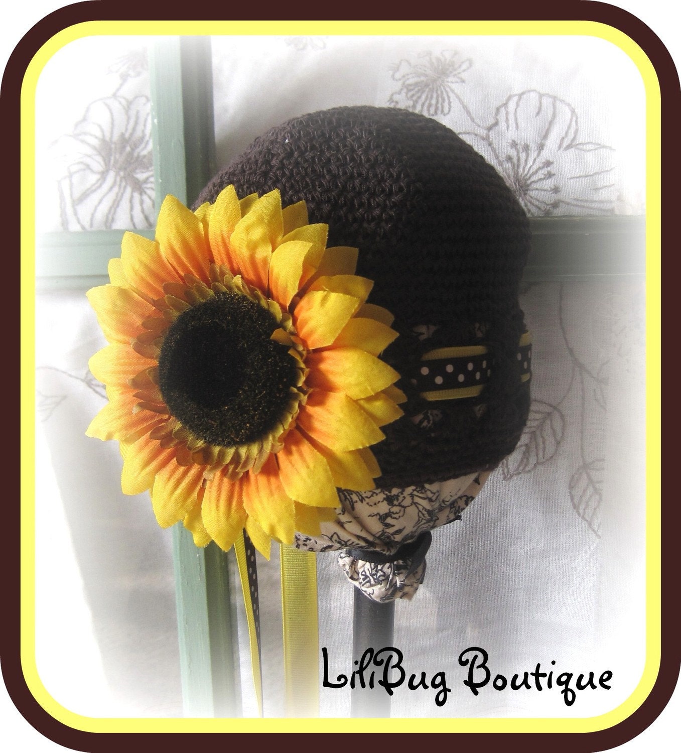 LiliBug SUNNY SUNFLOWER Flower Crochet Beanie Hat - Chocolate Brown / Yellow  3-in-1
