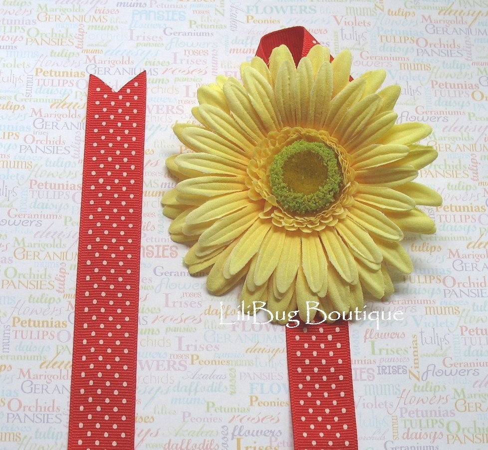 LiliBug Yellow Gerber Daisy / Red Dot Hair Bow Clip Holder Organizer