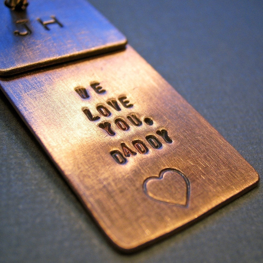 We Love You Small Handstamped Custom Personalized Solid Copper 2-Piece Keychain, Backpack Tag, Charm, Zipper Pull, or Pendant