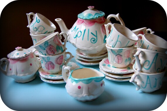 Shabby Chic Vintage Looking Pink and Aqua Personalized Tea Cup Sets Il_570xn