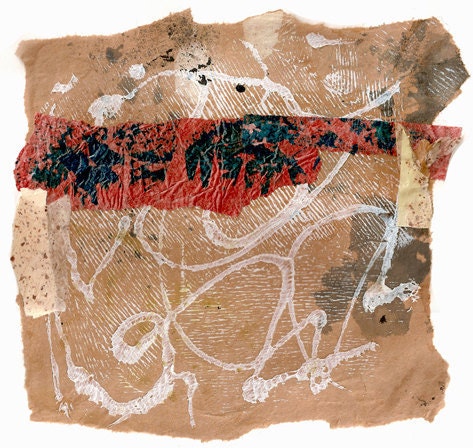 Read Between the Lines - Collage with Weathered and Hand Painted Papers 8 x 8 on 11 x 14 Backing