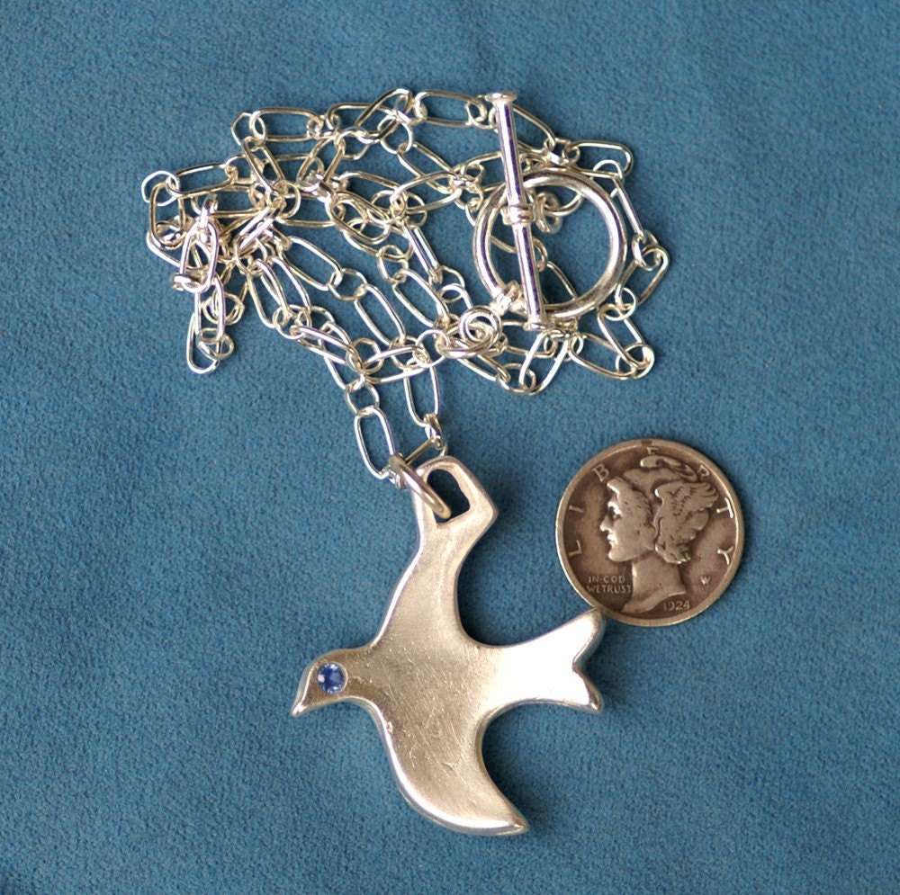 Silver Peace Dove with Sapphire Eye - No Chain - Made to Order