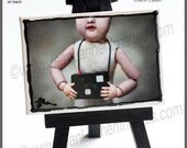 OOAK - Her First Camera, MM Orig Altered Photo on Mini-Canvas w/Easel-Old Creepy Doll w/toy camera, little fingers cute face By Jean Lannen