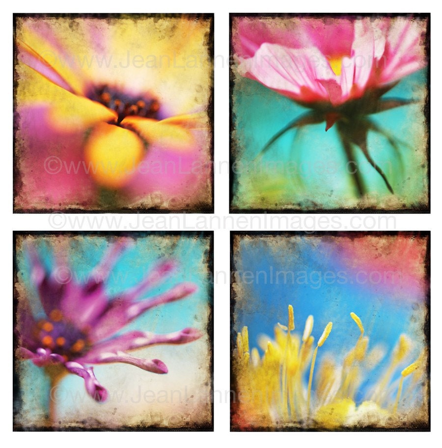 Flower Bouquet of Joy - Floral Vintage Old Style - Fine Art Photograph Print (4) images - Spring Pastels, Summer, Impressionistic, Lemon Yellow, Teal, Cyan, Turquoise, Sky Blue, Pink, Violet, Purple,Raspberry - Photography By Jean Lannen, The Other Jeanie