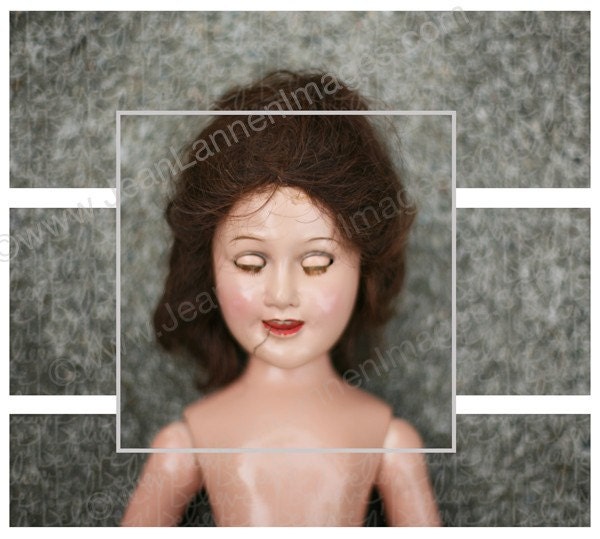 Dreams of Happy Girl Doll, Print of Old Vintage Doll with Cracked Smile, Closed Eyes, Pink Cream Peachy, White Skin, Red Lips By Jean Lannen