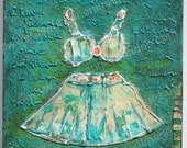 I Have Confidence, Original Mixed Media, 6x6 on Wood Panel, Bikini Top, Mini Skirt, Coral, Salmon, Turquoise, Aqua by Jean Lannen