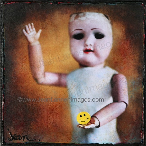 OOAK Smile, Orig Altered Photo on Canvas,8x8, Antique Creepy Scarey Antique Goth French Doll, Holding Sun Yellow Smiley Face by Jean Lannen