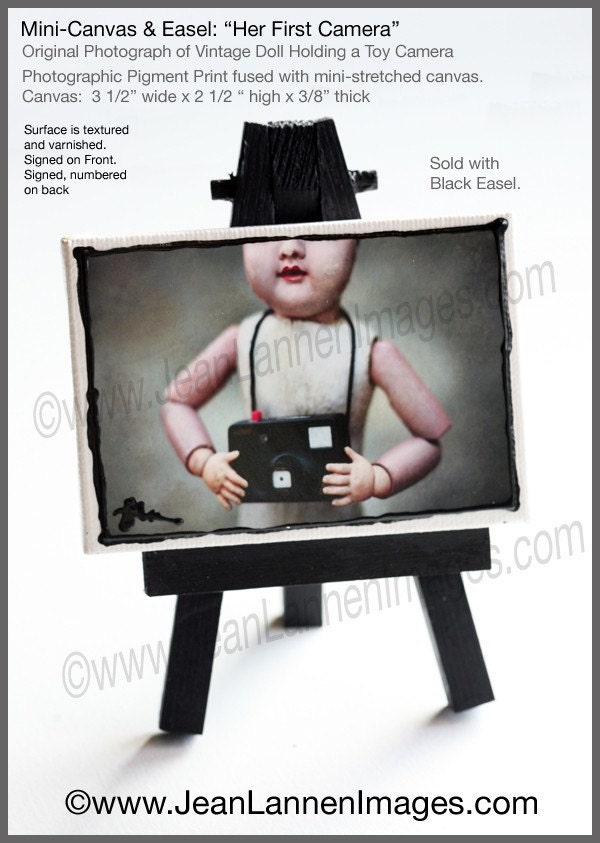 OOAK - Her First Camera, MM Orig Altered Photo on Mini-Canvas w/Easel-Old Creepy Doll w/toy camera, little fingers cute face By Jean Lannen