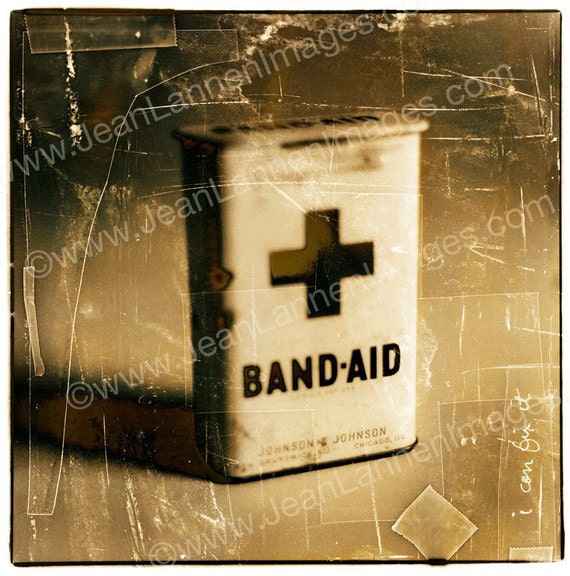 Band Aid Box - Photogaphic Print Still Life of Retro Vintage Antique Box, Sepia, Tea Brown, Cream Texture by Jean Lannen
