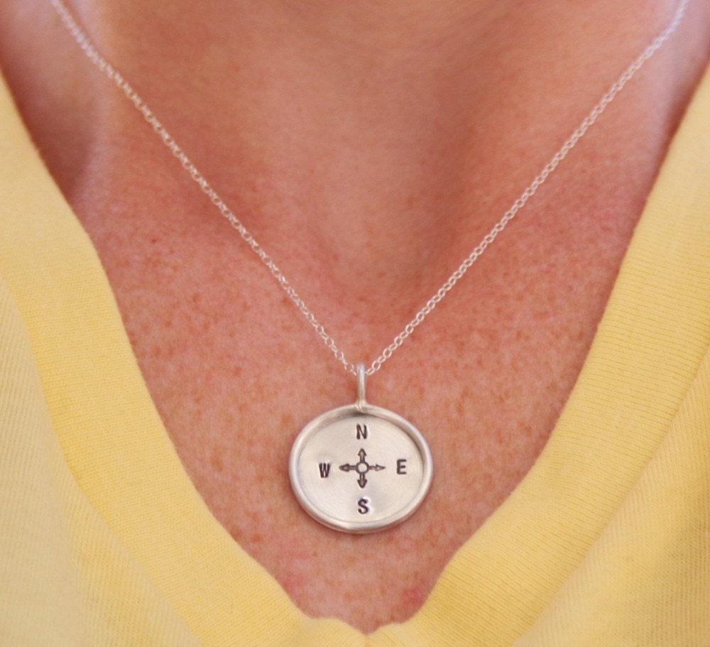 Compass Pendant and Necklace - Hand Stamped Sterling Silver Disc with Rim