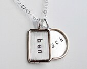 Personalized Hand Stamped Sterling Silver Mixed Shape Pendant Necklace with Sterling Silver Rims - Stamping on BOTH Sides