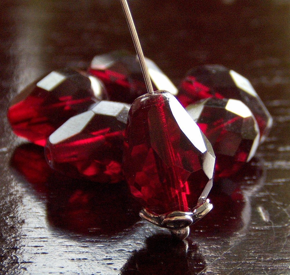 Dark Garnet Czech Glass  Bead Faceted 13x10mm Teardrop - 6 pc