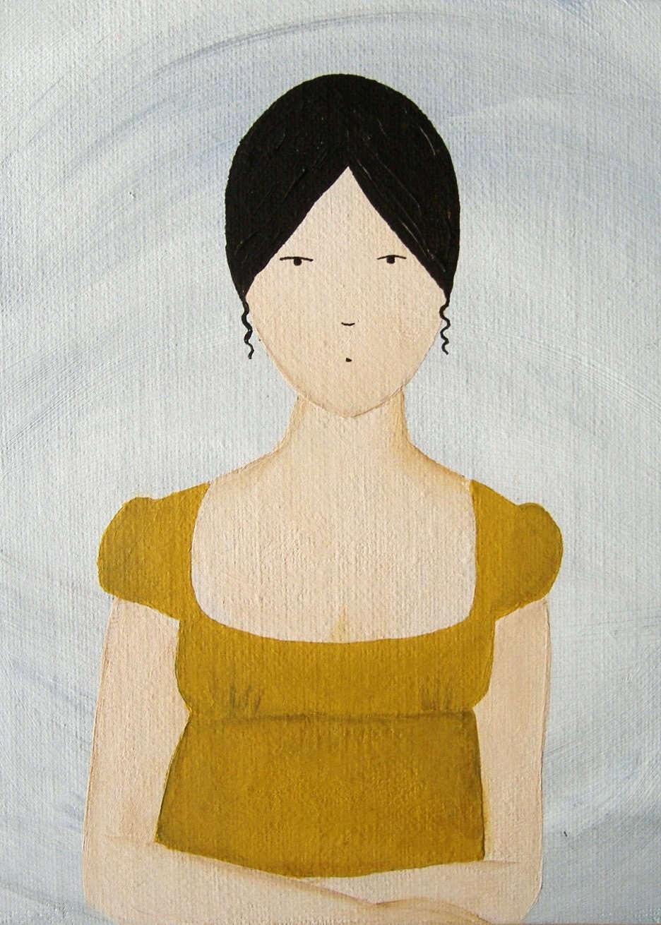 JANE AUSTEN ART Original Reproduction Print 5x7 Regency Mustard Yellow Grey Woman Literature -  "Miss Austen"