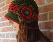 Flapper Fannie Meets Hippie Mama - Crochet Hat - Vintage Lucite Button - Rust - Moss Green - Varigated