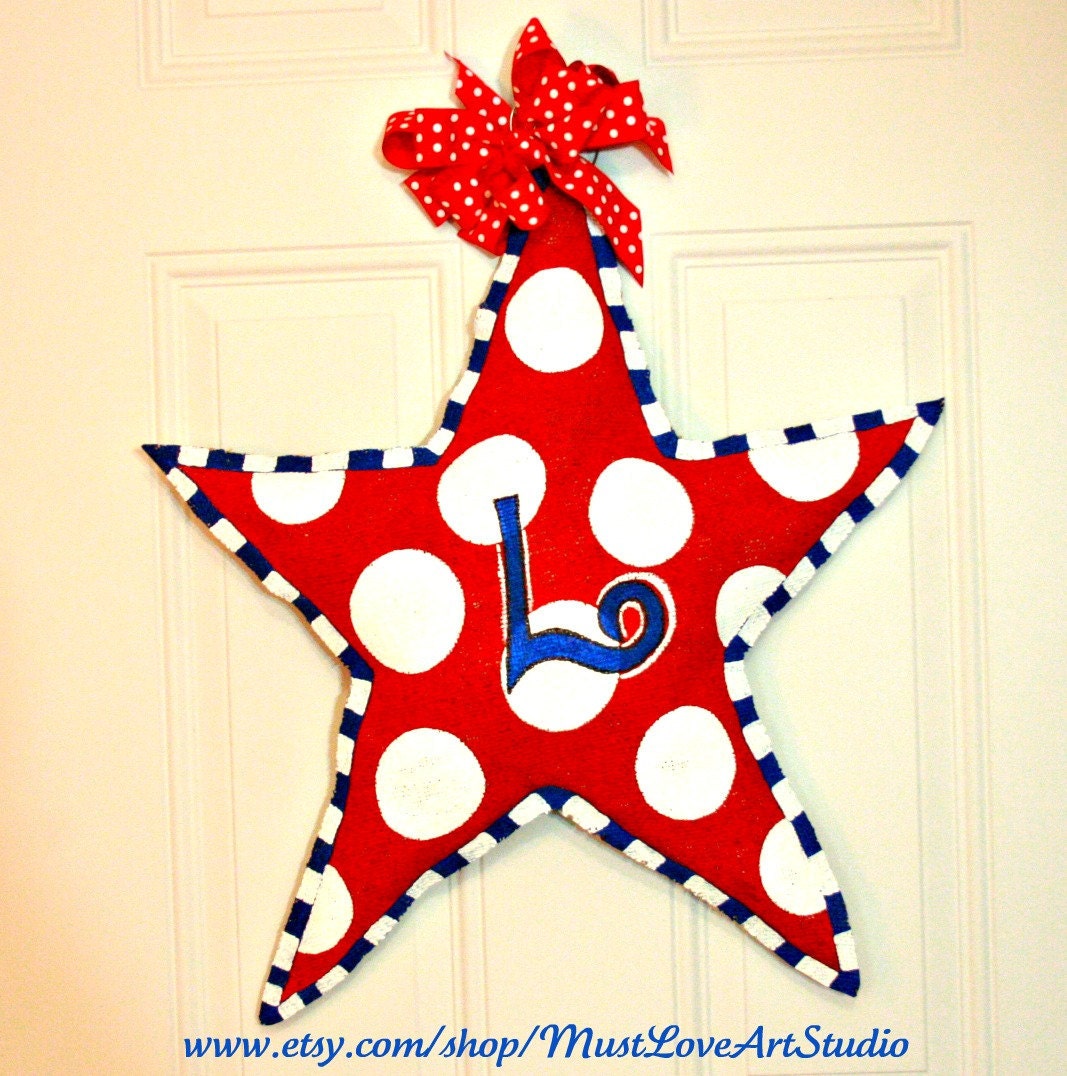 Patriotic Fourth of July Memorial Day Star Burlap Door Hanger Decoration HUGE 2 ft  - Military Summer Polka Dots
