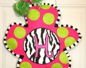 Zebra Print Hand Painted  Flower Burlap Door Hanger Decoration Personalized Girl's Room
