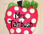 Teacher Apple Burlap Door Hanger Decoration HUGE - Polka Dots Back to School Hot Pink Lime Green