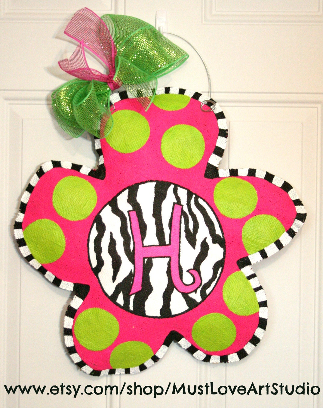 Zebra Print Hand Painted Flower Burlap Door Hanger Decoration Personalized Girl's Room