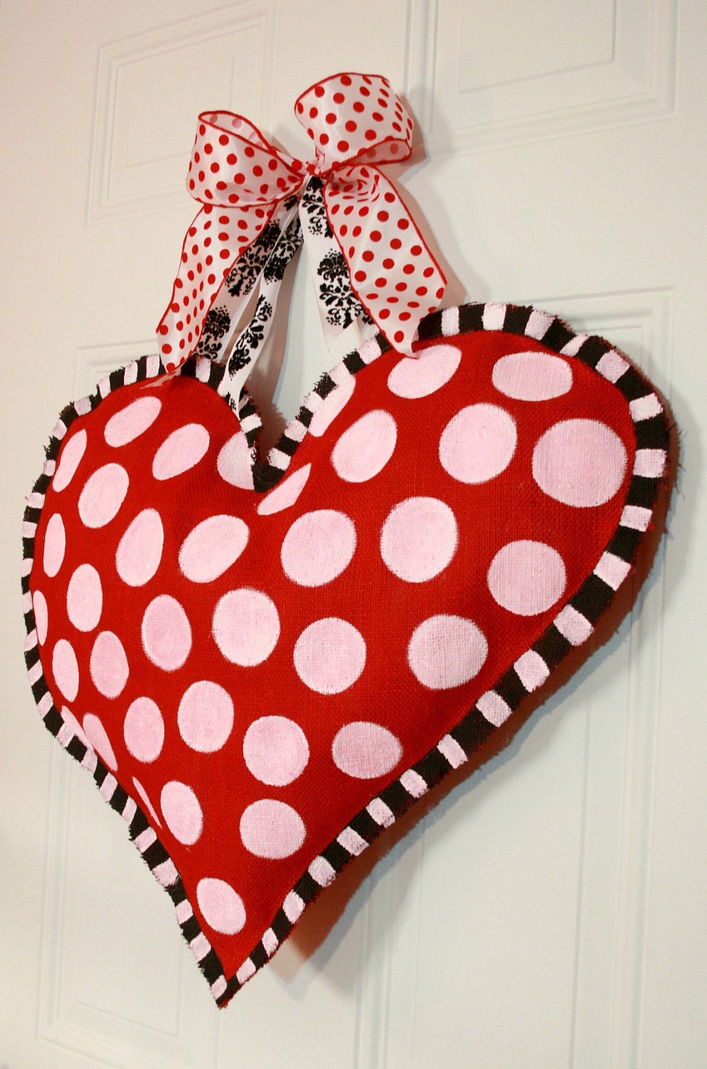 Hand Painted Valentine's Burlap Heart Door Hanger Decoration HUGE 2 ft x 21"