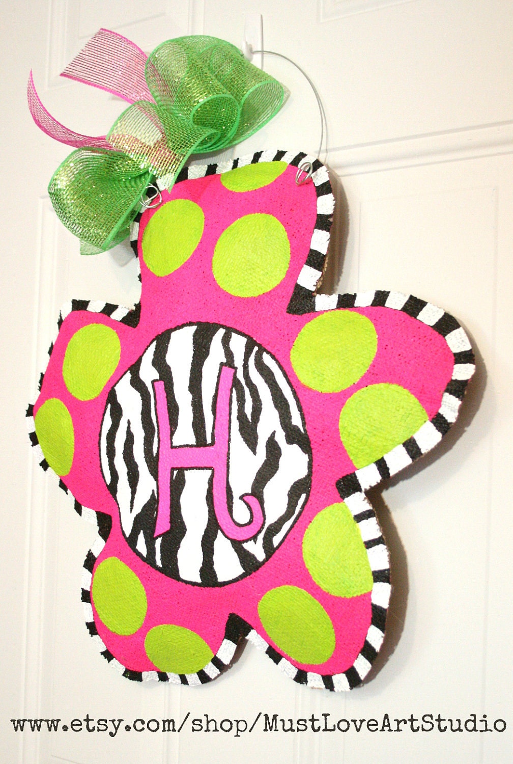 Zebra Print Hand Painted Flower Burlap Door Hanger Decoration Personalized Girl's Room