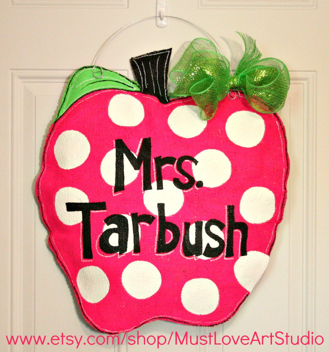 Teacher Apple Burlap Door Hanger Decoration HUGE - Polka Dots Back to School Hot Pink Lime Green