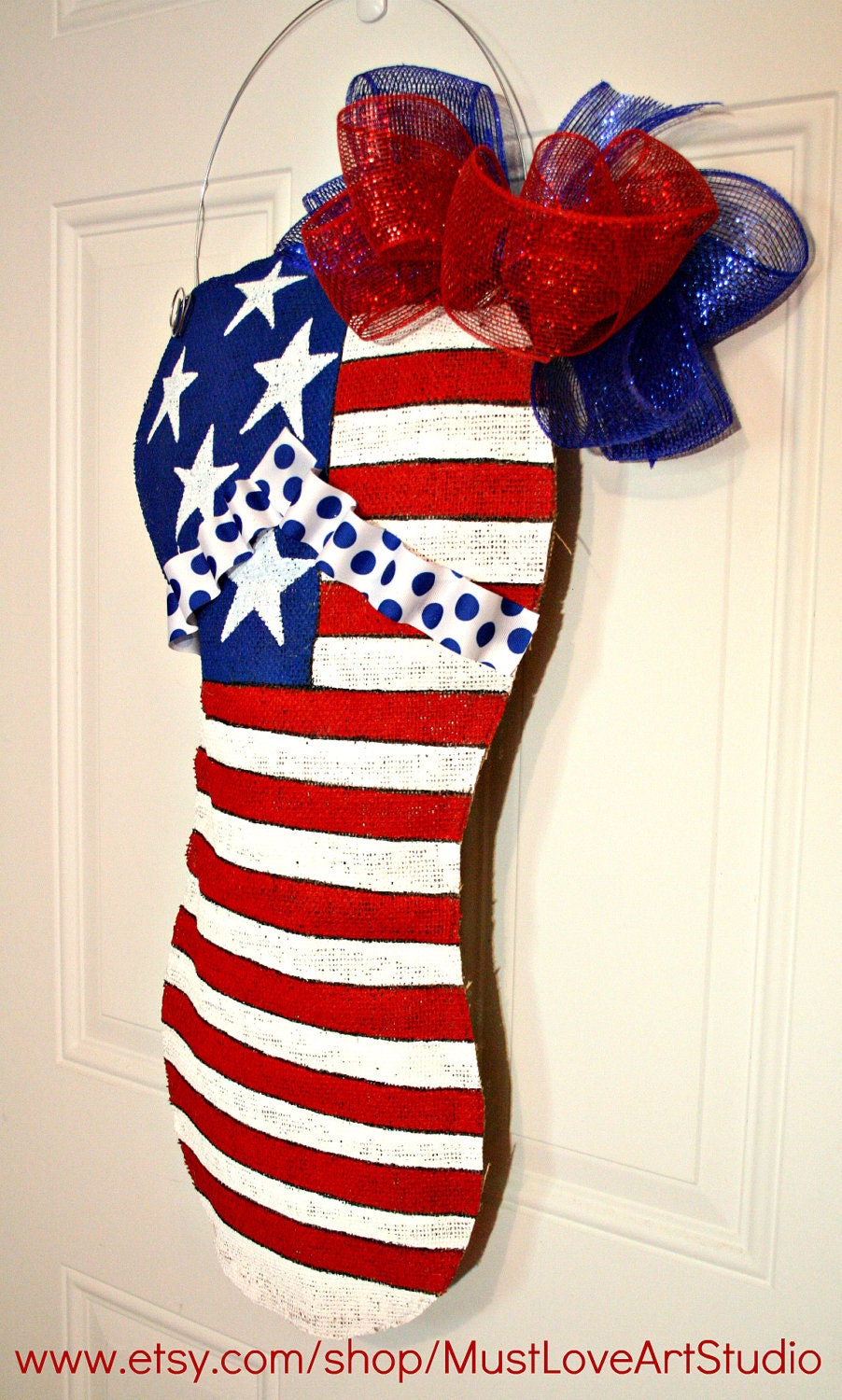 Patriotic Fourth of July Flip Flop Burlap Door Hanger Decoration HUGE 2 ft  - Military Summer