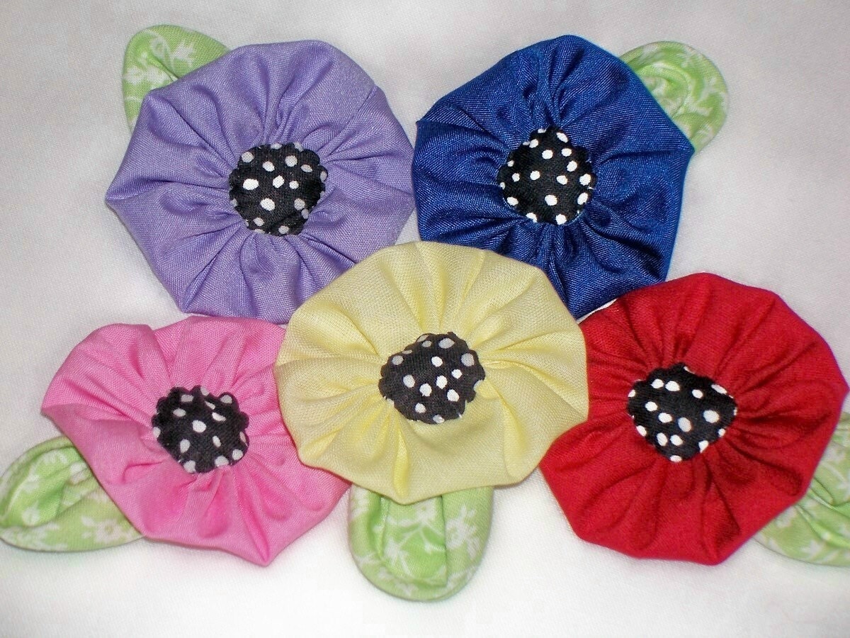 Fabric Flowers 5 Flower Appliques 3" YoYo Polka Dot Rainbow Wedding Bridal Birthday Party Photo Prop Barrette Headband Brooch Scrapbooking