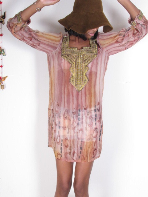 Vintage Ethnic Print India Gold Jeweled Sheer Gauze Tunic Dress Kaftan