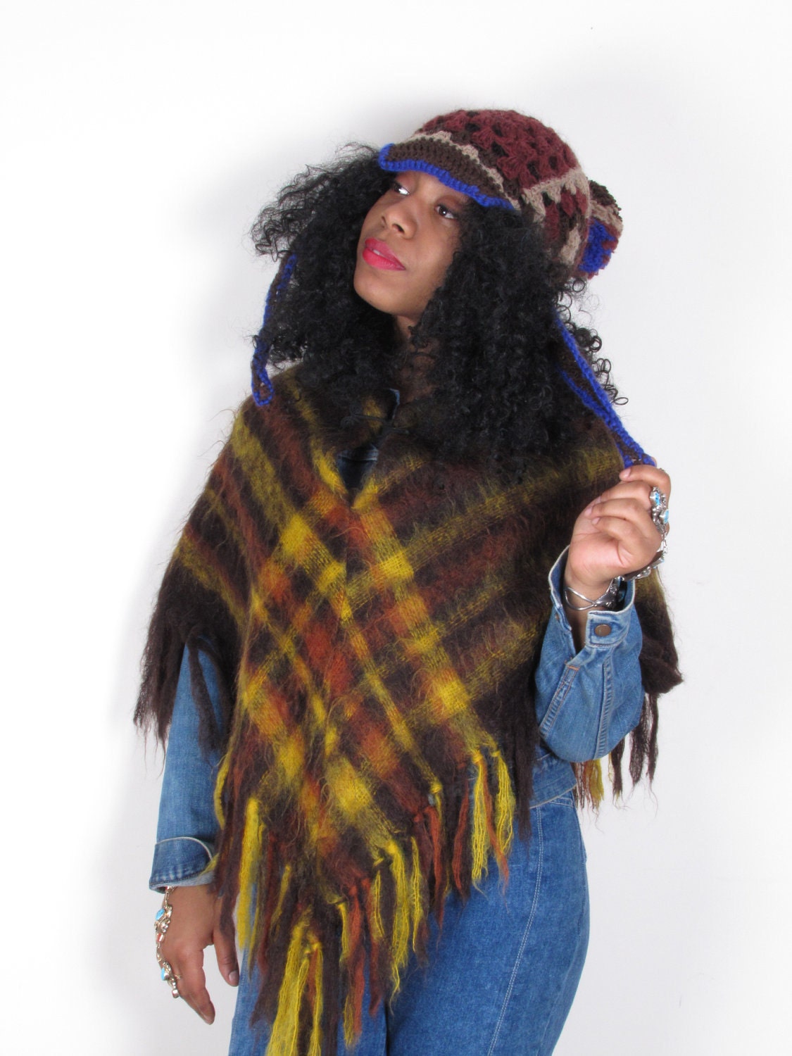vintage AmAZiNg Plaid Check PrInT WoOl PoNcHo eTHnIC BlAnKeT sWeATeR ShAwL CaPe sm
