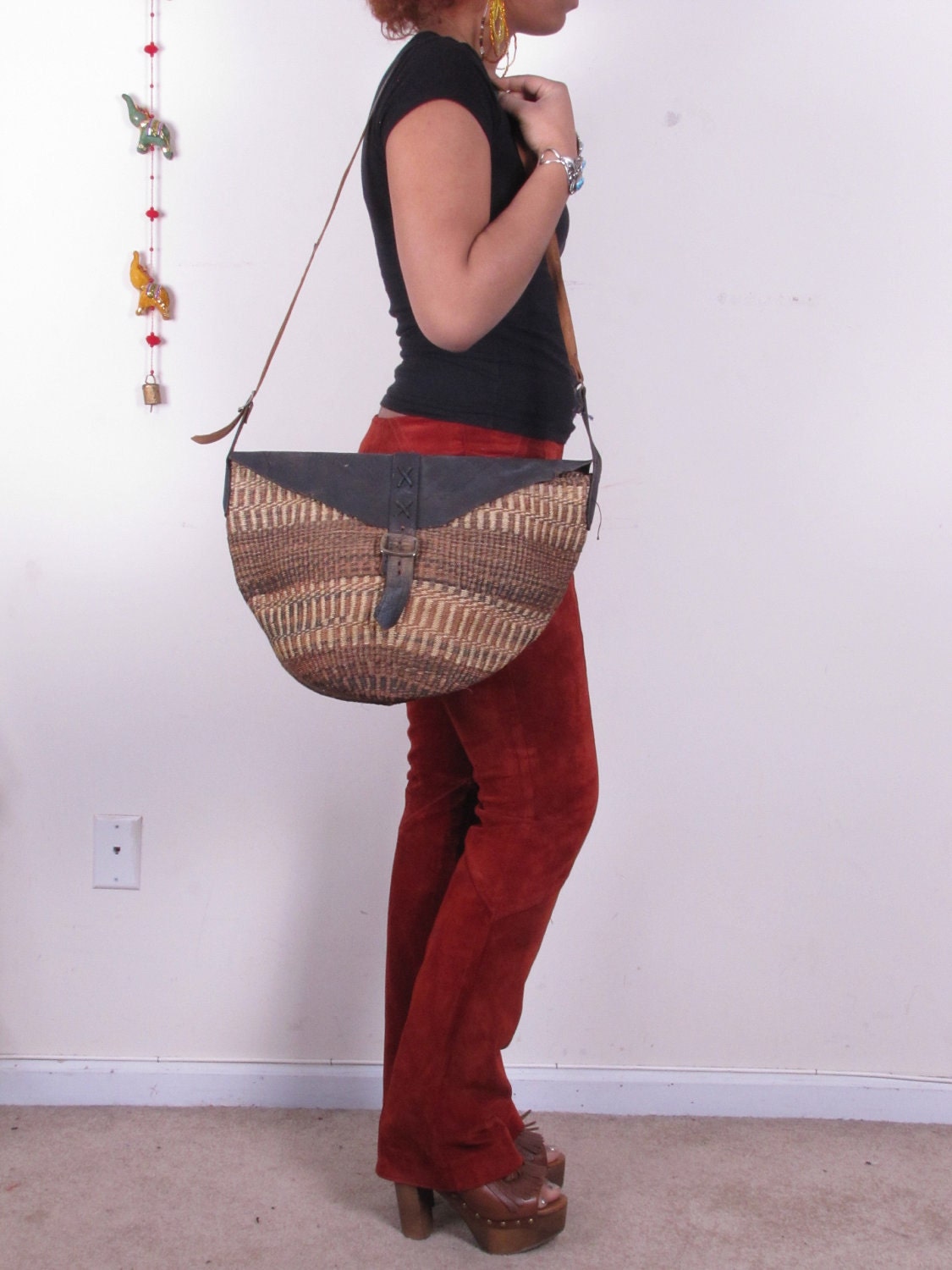 Vintage Ethnic Hobo African Wicker Basket Distressed Leather BoHo Cross Body Bag