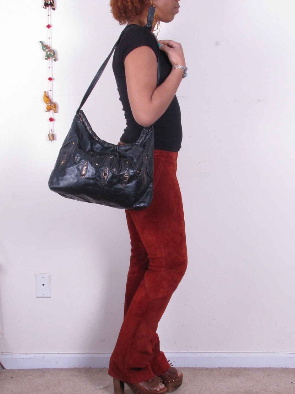 Large Vintage HoBo BoHo Slouch Black Leather Shoulder Bag Purse