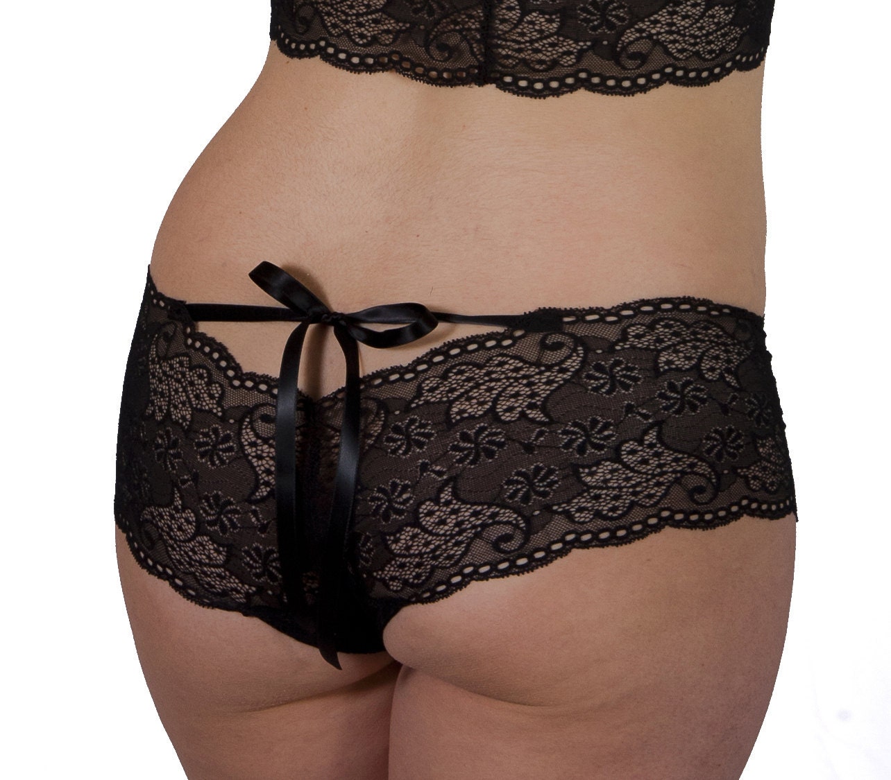Black 'Sugarberry' Panties - Womens Made To Order Lingerie - Stretch Lace Underwear With Ribbon