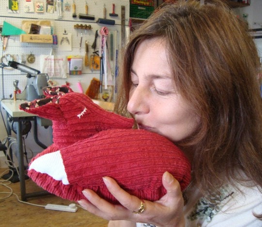 Sleeping  Red Fox Cushion or PIllow Made From Recycled Corduroy