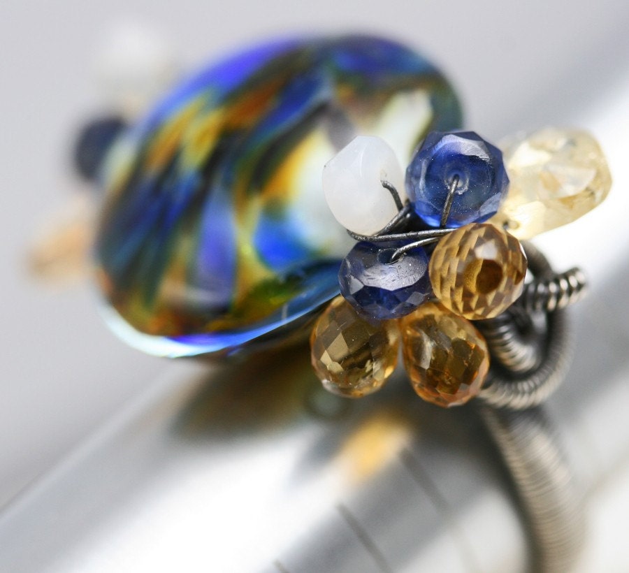 oOo SALE oOo - 60% off - Glass Lampwork Gemstone Cluster Oxidized Sterling Silver Wire Wrapped Cocktail Ring - The Ayanna