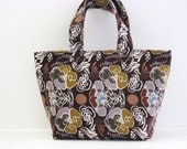 Mid Tote Brown Corduroy with Green and White Floral Pattern