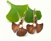 Ginkgo Earrings, Freshwater Pearls, Copper, Brown, 107mc