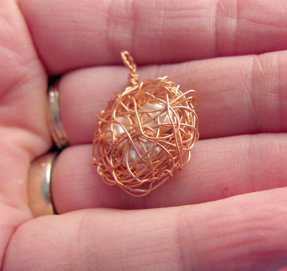 Wire Birds Nest with Cultured Pearls - Handmade Pendant