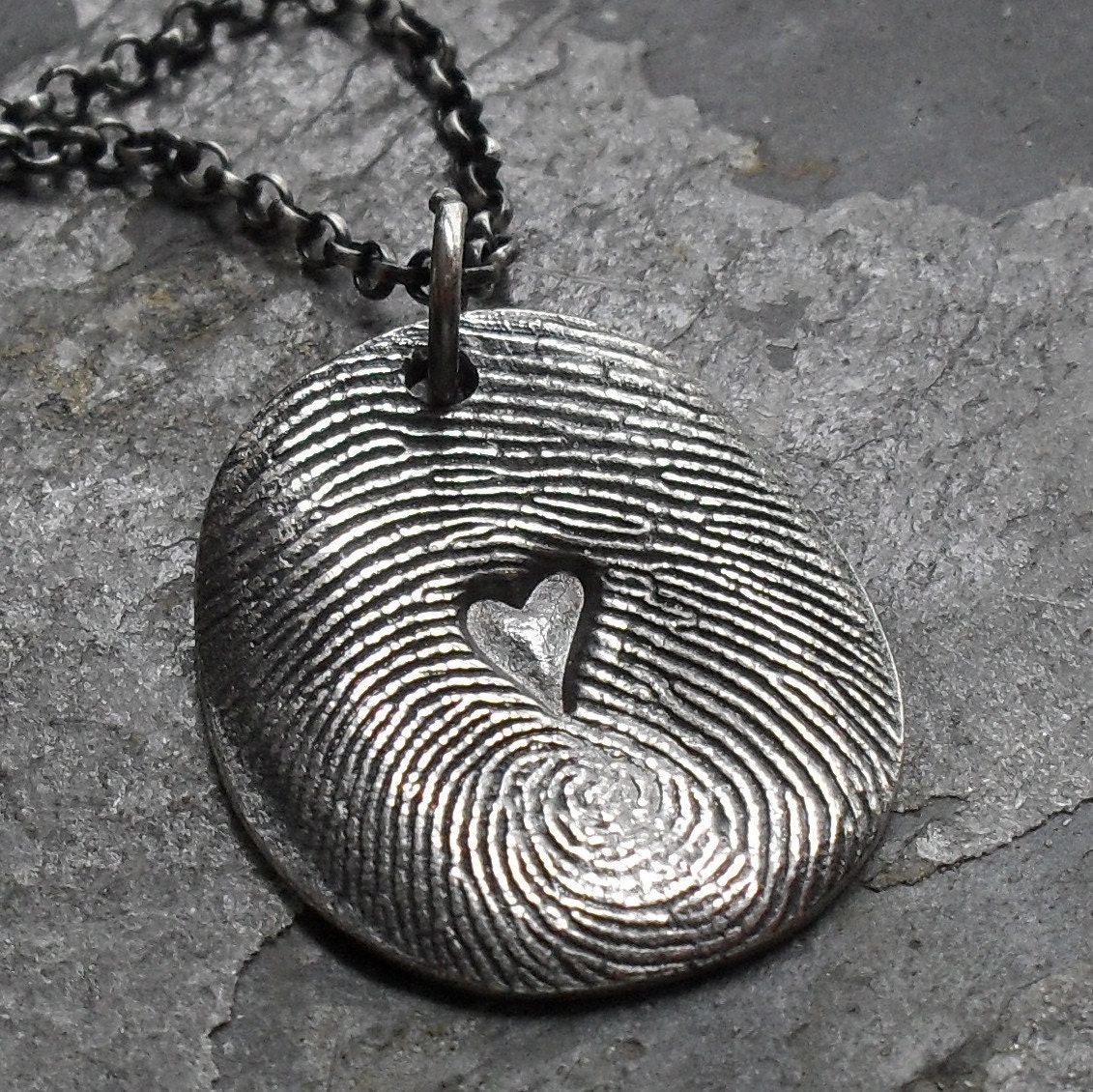 Fingerprint Necklace Fine Silver with Heart in Middle - 1 Charm on Sterling Silver Rollo Chain