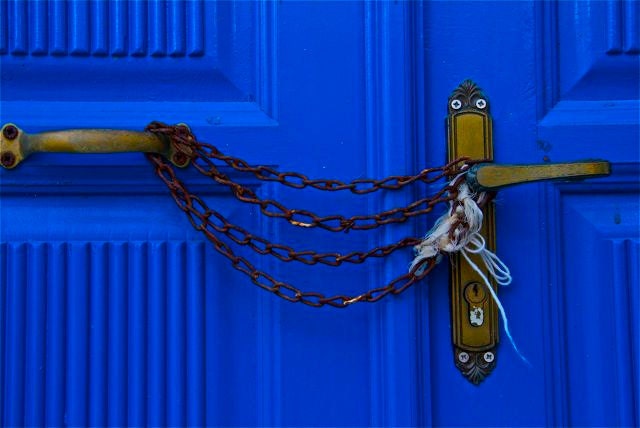 blue cobalt blue rust chained door photograph CHAINED in BLUE   abstract Greece Greek travel