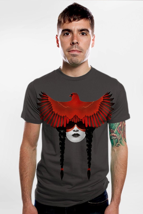 Men, tshirt, american apparel, animal, bird, cardinal, warrior, native american, grey S-XL