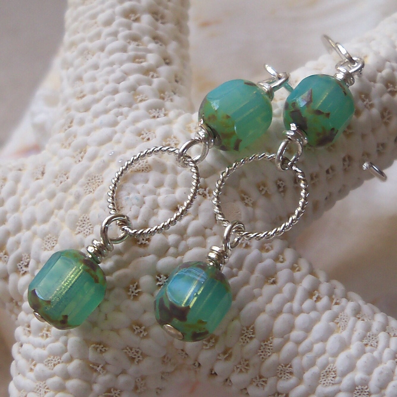 Seafoam Cathedral Beads and Sterling Silver Earrings - mompotter